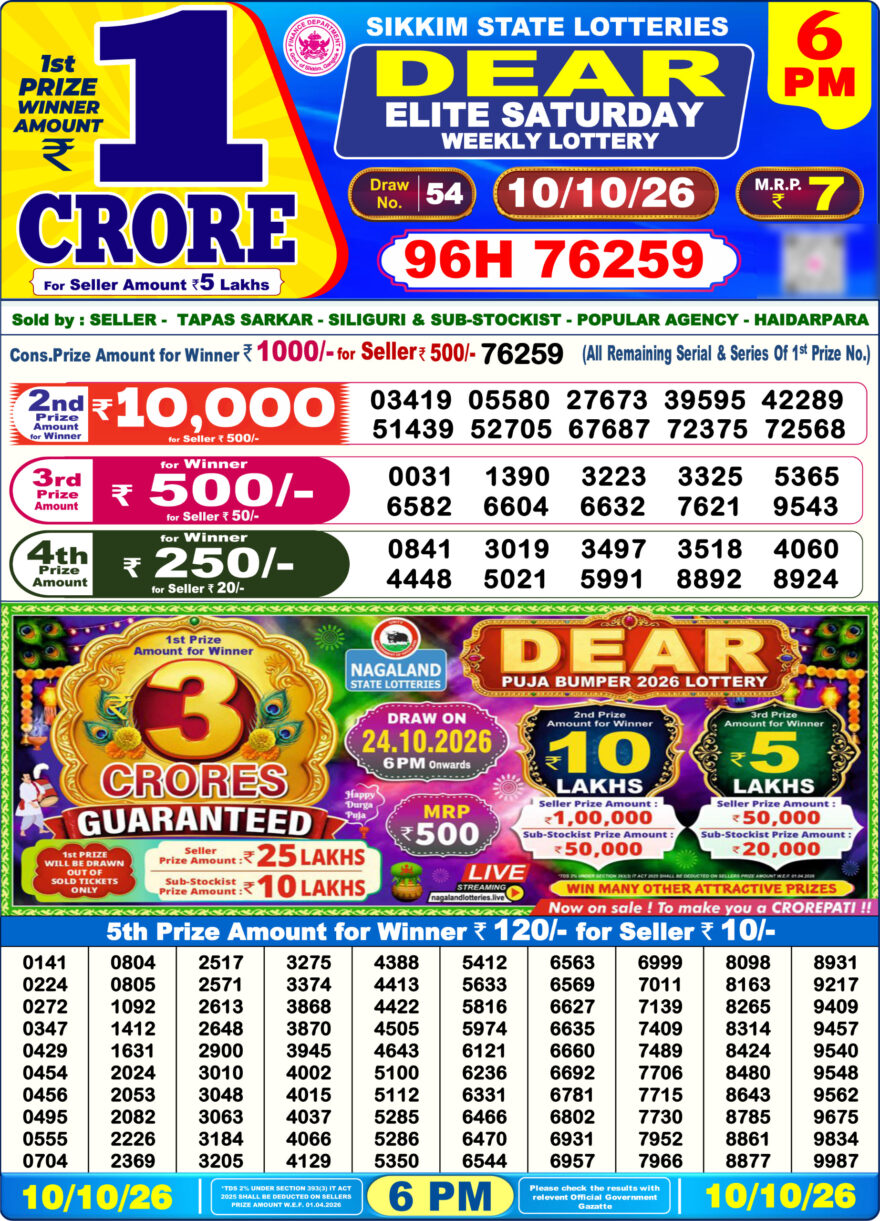 Sikkim State Lottery Result Dear 6PM Evening 10.10.2026