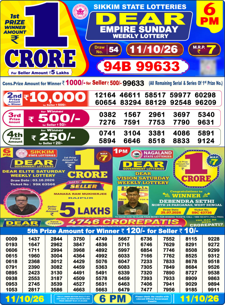 Sikkim State Lottery Result Dear 6PM Evening 11.10.2026
